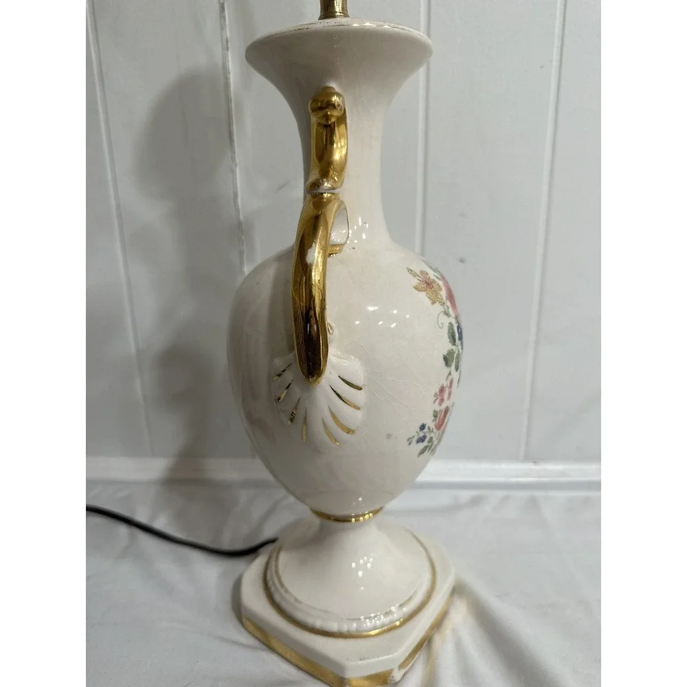 Antique Hand-Painted Porcelain Table Lamp –Floral England Urn Style, Gold Accent